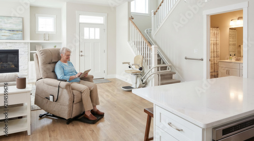 Senior woman sitting in a lift chair and using a tablet while stairlift, grab bar and medication device support independent living at home.