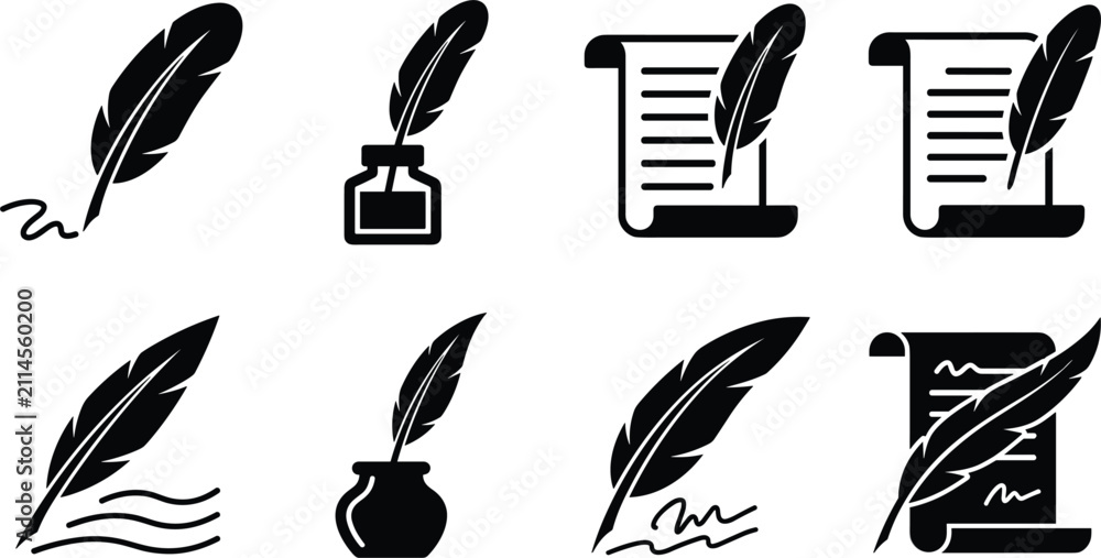 Fototapeta premium Vintage Quill Pen and Scroll Icon Set with Feather Inkwell and Paper Symbols for Literature, Education, Legal Documents, and Historical Writing Graphic Designs