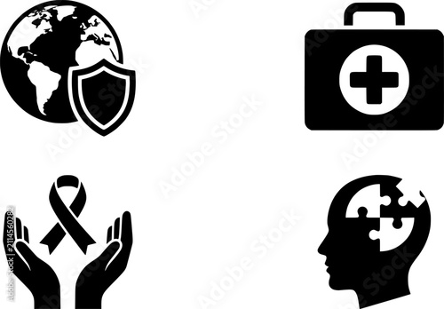 Global protection medical first aid awareness ribbon care and mental health psychology vector icon set