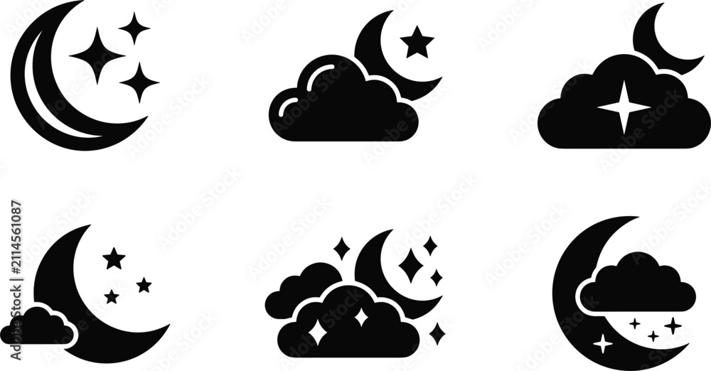 Obraz premium Night Sky and Weather Forecast Icon Set with Crescent Moon, Clouds, and Sparkly Stars Symbols for Midnight Apps, Sleep Trackers, and Digital Widgets