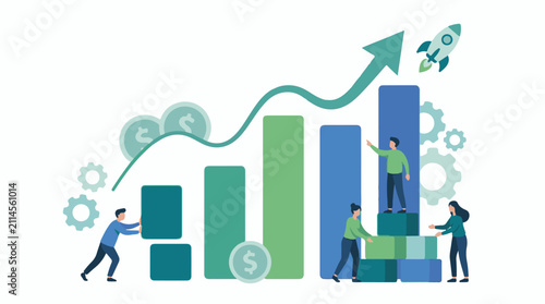 People build success on growing charts with rocket taking off