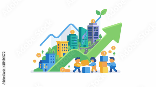 People build city structures with coins and upward growth graph