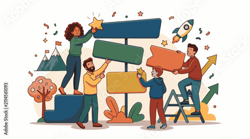 People build a signpost with stars rockets and arrows pointing upwards