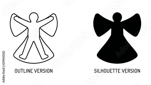 Canvastavla Angel Icon Outline and Silhouette: A minimalist comparison showcasing two distinct styles of an angel icon, an outline version and a solid silhouette version, representing duality and contrast