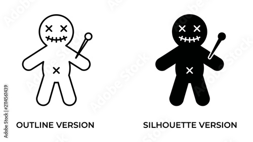 Fotografie Voodoo Doll Icons: Two stylized voodoo doll representations, one as a line art outline and the other as a solid black silhouette, both featuring pin and stitched facial details