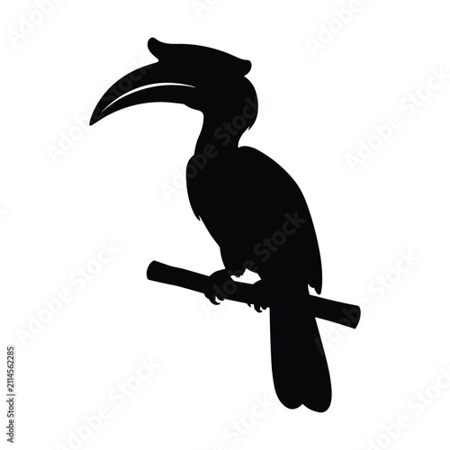 Black silhouette of hornbill bird perched on branch isolated on white background