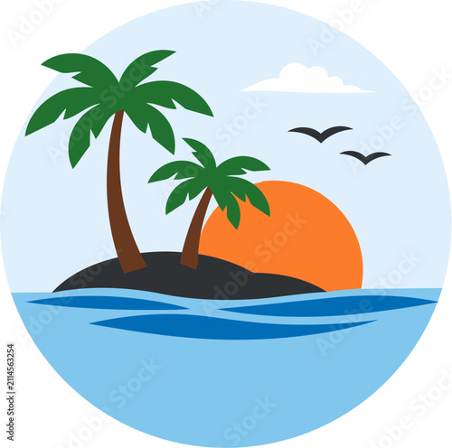 Peaceful Tropical Island Sunset Vector with Coconut Palm Trees, Ocean Waves, Flying Birds and Minimal Summer Beach Landscape
