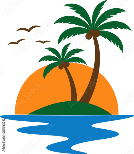 Minimal Tropical Island Sunset Vector with Coconut Palm Trees, Flowing Blue Water, Flying Birds and Peaceful Summer Paradise Landscape