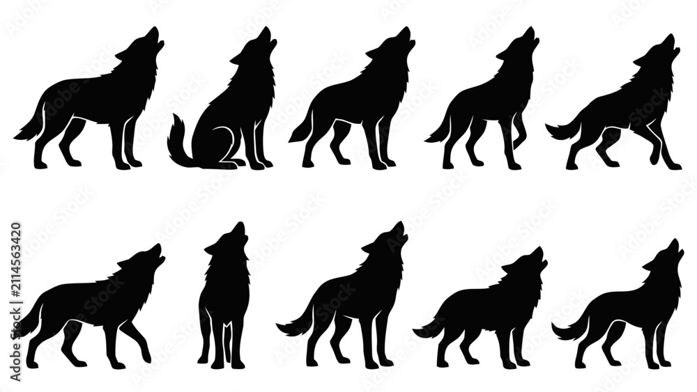Fototapeta premium A pack of wolves in various howling silhouettes on transparent background Isolated on Transparent Background