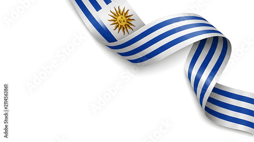 Uruguay flag for independence day celebration featuring the national symbol Sun of May on a waving ribbon banner design