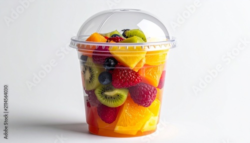 Clear plastic cup with dome lid filled with colorful fresh fruit pieces, symbolizing health, freshness, and convenience.