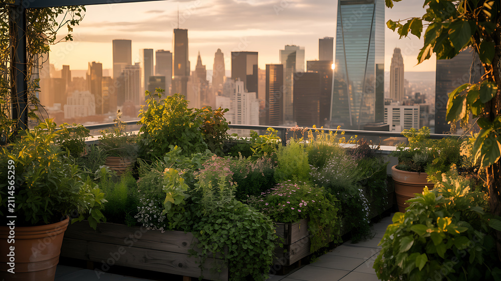 Fototapeta premium Beautiful rooftop garden with blooming green plants and flowers overlooking a large city skyline during a warm golden sunset with soft lighting and a peaceful atmosphere in the evening