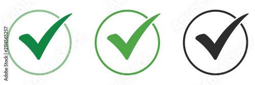 Check mark icon set, green and black tick signs in circles for approval, verification, success and confirmation, clean line art vector illustration