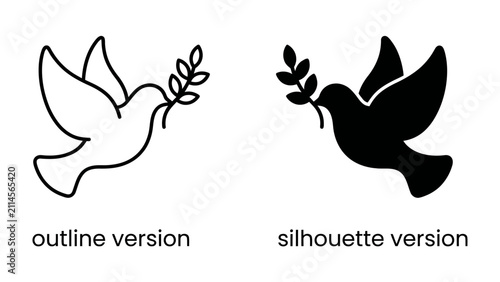 Dove of Peace: Two stylized doves, one in outline and the other a solid silhouette, carry olive branches, symbolizing peace and harmony.
