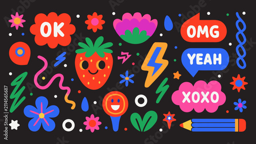Obraz na płótnie Collection Of Playful Sticker Art Featuring Fruits Flowers And Text Elements In