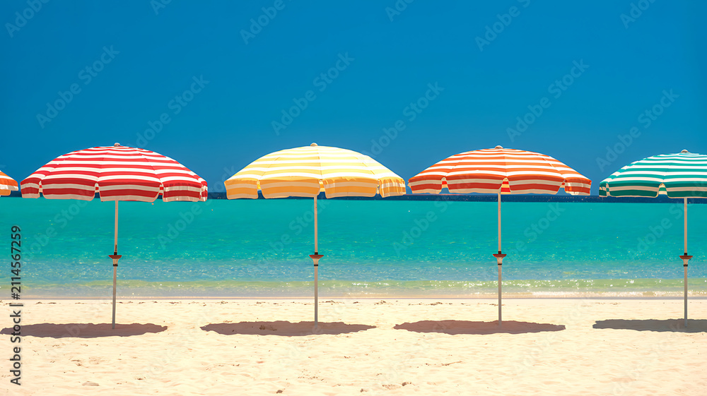 Fototapeta premium Colorful beach umbrellas standing in a row on the sandy shore by the turquoise ocean water under a clear blue summer sky during a bright sunny day at a popular tropical vacation resort