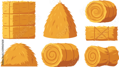 Принти на полотні Golden hay bales and haystacks vector set featuring round rolls square blocks and stacks for autumn harvest countryside agriculture farm design