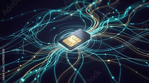 Multiple flowing lines connected to SIM chip representing network traffic and digital communication systems.