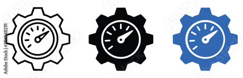 Optimization Gear and Speedometer icons with performance indicators, efficiency metrics, productivity enhancement and optimization management symbols.