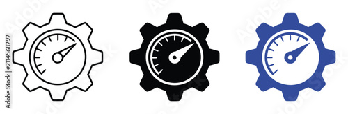 Optimization Gear and Speedometer icon set for performance monitoring, efficiency improvement, productivity management and system optimization concepts.