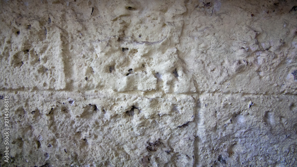 Obraz premium Rough weathered concrete wall texture background with dry brown moss stains, rustic grunge backdrop with copy space. Close up of coarse cement wall surface
