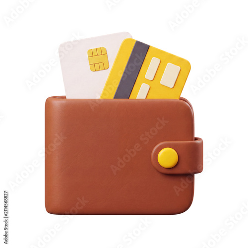 Modern brown leather wallet icon with credit cards rendered in 3D realistic style for digital payment and financial transaction app interface isolated on transparent