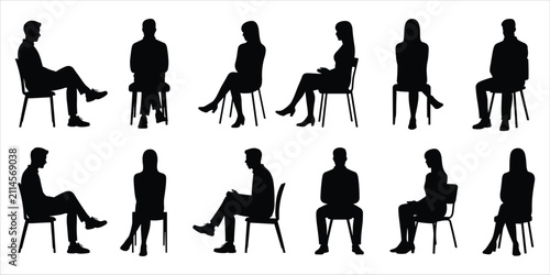 Bild auf Leinwand Collection of fifteen black silhouette figures of men and women sitting on chair