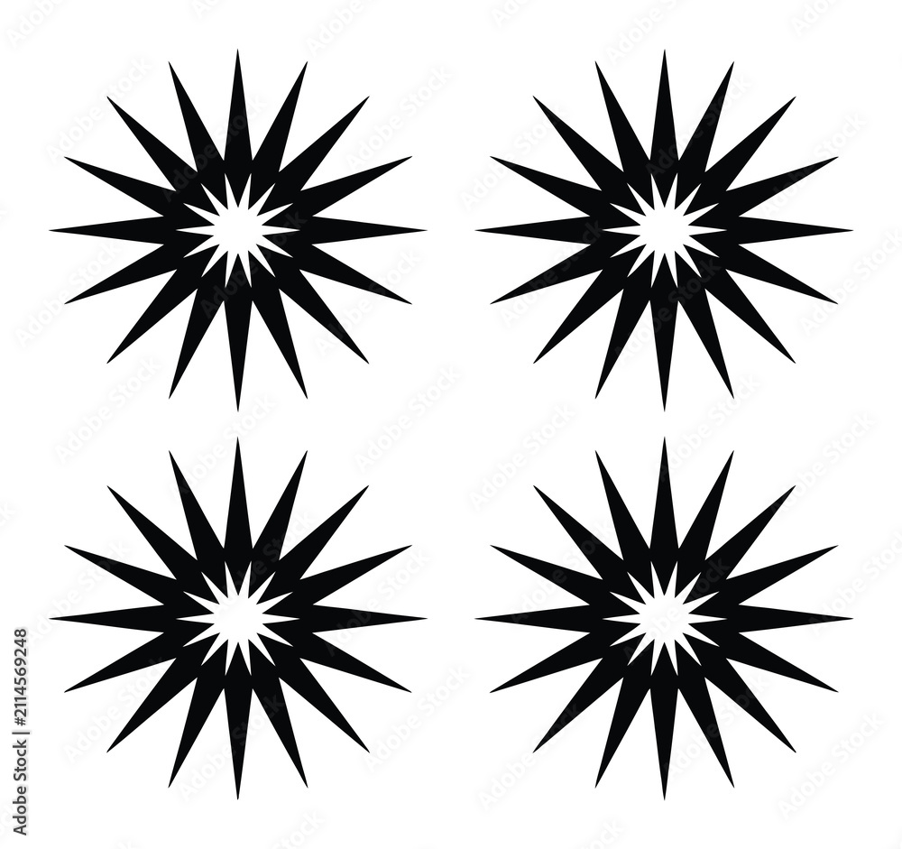 Fototapeta premium Cuatro formas geométricas negras en forma de estrella sobre fondo blanco