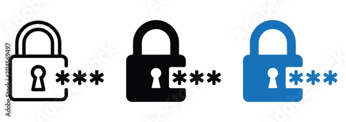 Padlock icon set with password asterisk symbols for security, data protection, encryption, authentication, internet access and software verification.