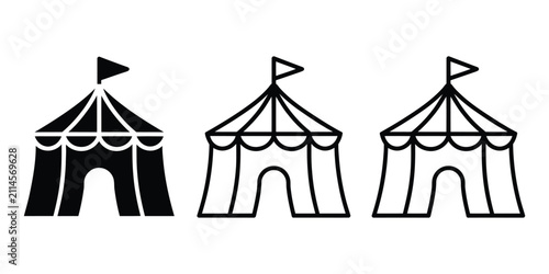 Circus tent icon set, flag silhouette, outline and line art symbols for carnival