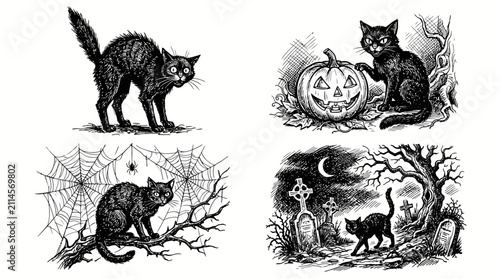 Set of four vintage style black cat illustrations for Halloween.