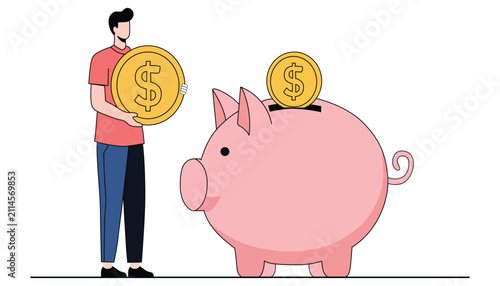 фотографія A man holding a large gold coin next to a pink piggy bank