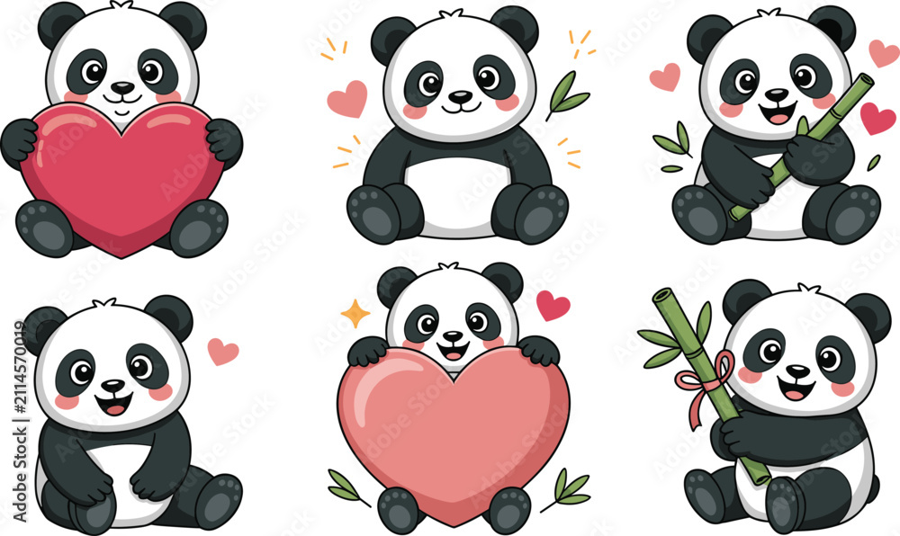 Fototapeta premium Cute Panda Collection with Heart, Bamboo, and Adorable Cartoon Bear Characters for Valentine's Day, Nursery, and Kids Vector Designs