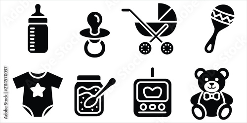 Bild auf Leinwand Set of black silhouette for baby care and products, featuring bottle, pacifier,