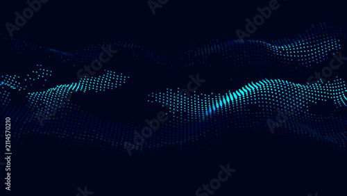 Fotografie Blue particle wave pattern with undulating forms and a dark background digitally