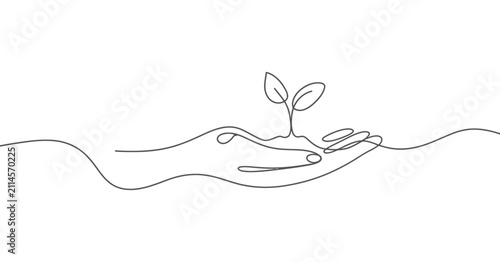 Minimalist line drawing of hand holding seedling, growing plant, environmental care, sustainability, nature symbol, botanical illustration, clean vector design