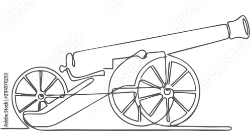 Bild auf Leinwand Continuous one line drawing of vintage military cannon isolated on white background, minimalist outline illustration featuring historic artillery weapon with wooden wheels, battlefield equipment