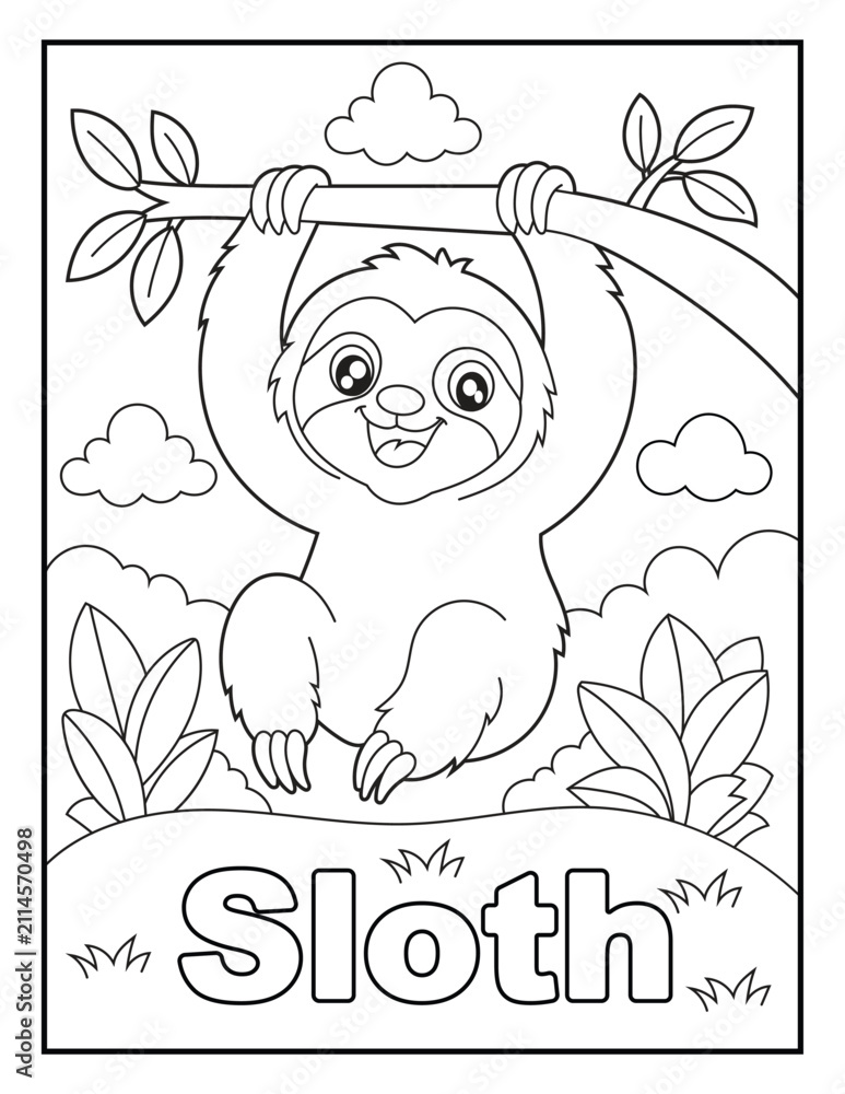 Fototapeta premium Sloth Hanging in a Tree Coloring Page with Sloth Word for Kids. Simple Educational Coloring Book Illustration.