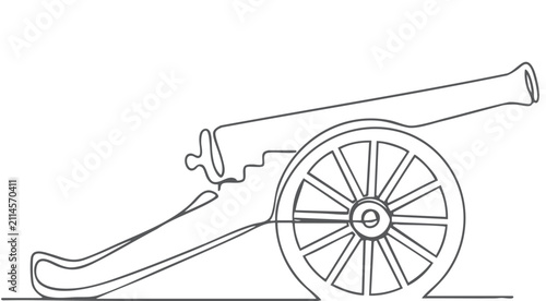 Foto Continuous one line drawing of vintage military cannon isolated on white background, minimalist outline illustration featuring historic artillery weapon with wooden wheels, battlefield equipment