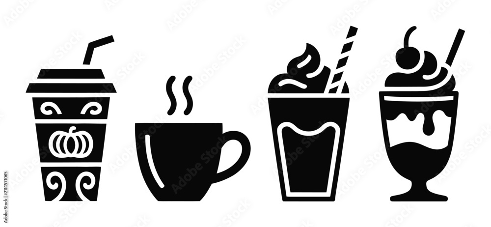 Fototapeta premium Conjunto de siluetas negras con varias bebidas de café y postres