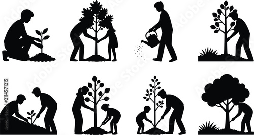 Bild auf Leinwand Tree Planting Black Silhouette Vector Bundle with Family Gardening Reforestation