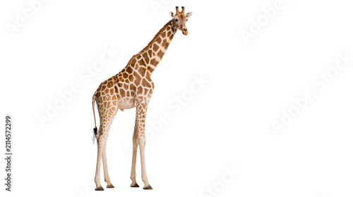 Giraffe standing profile view on white