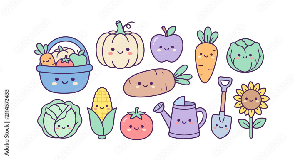 Obraz premium Cute kawaii vegetable character set with gardening accessories.
