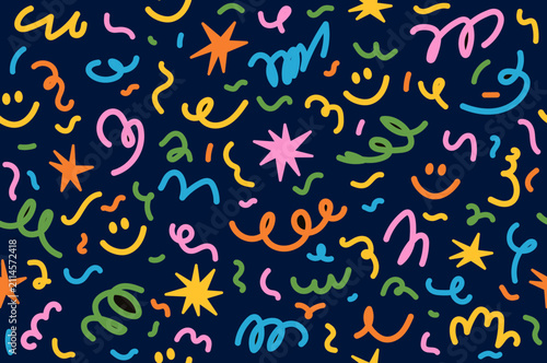 Colorful line doodle seamless pattern. Hand drawn color squiggles, wavy lines.  Children design. Vector