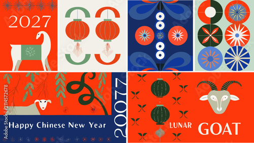 Stylized floral ornament and goat depictions celebrate the chinese new year 2027 a vector illustration annual celebration