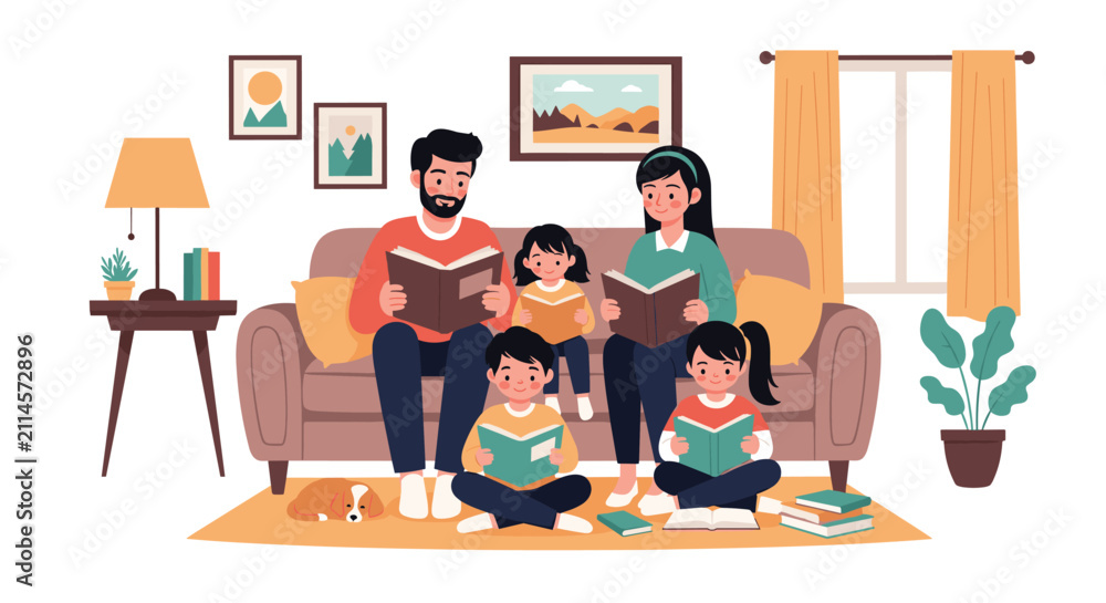 Fototapeta premium Happy family with parents and three children sitting on a cozy sofa in the living room and reading books together.