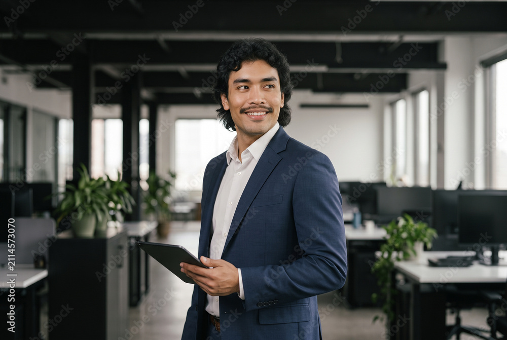 Fototapeta premium Confident smiling businessman holding tablet looking away in office