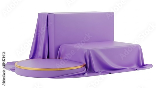 Purple velvet podium display stand with gold trim for luxury product presentation and cosmetic advertising on a clean surface for marketing