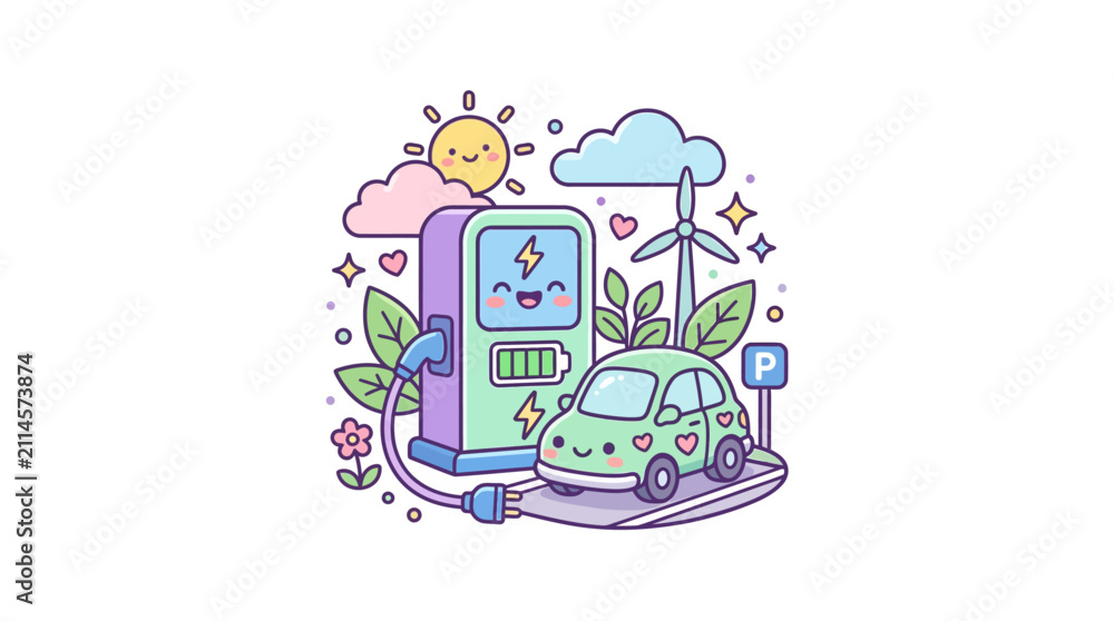 Naklejka premium Eco-friendly electric vehicle charging with wind turbine.