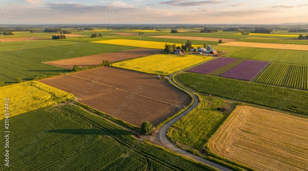 Fototapeta premium Aerial view of colorful agricultural fields and a farmhouse during golden hour